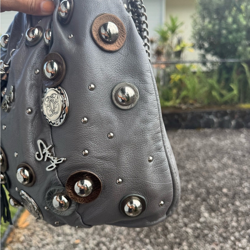 Sharif Gray Leather Studded Hobo Shoulder Bag with Chain Strap & Tassel - Picture 11 of 16